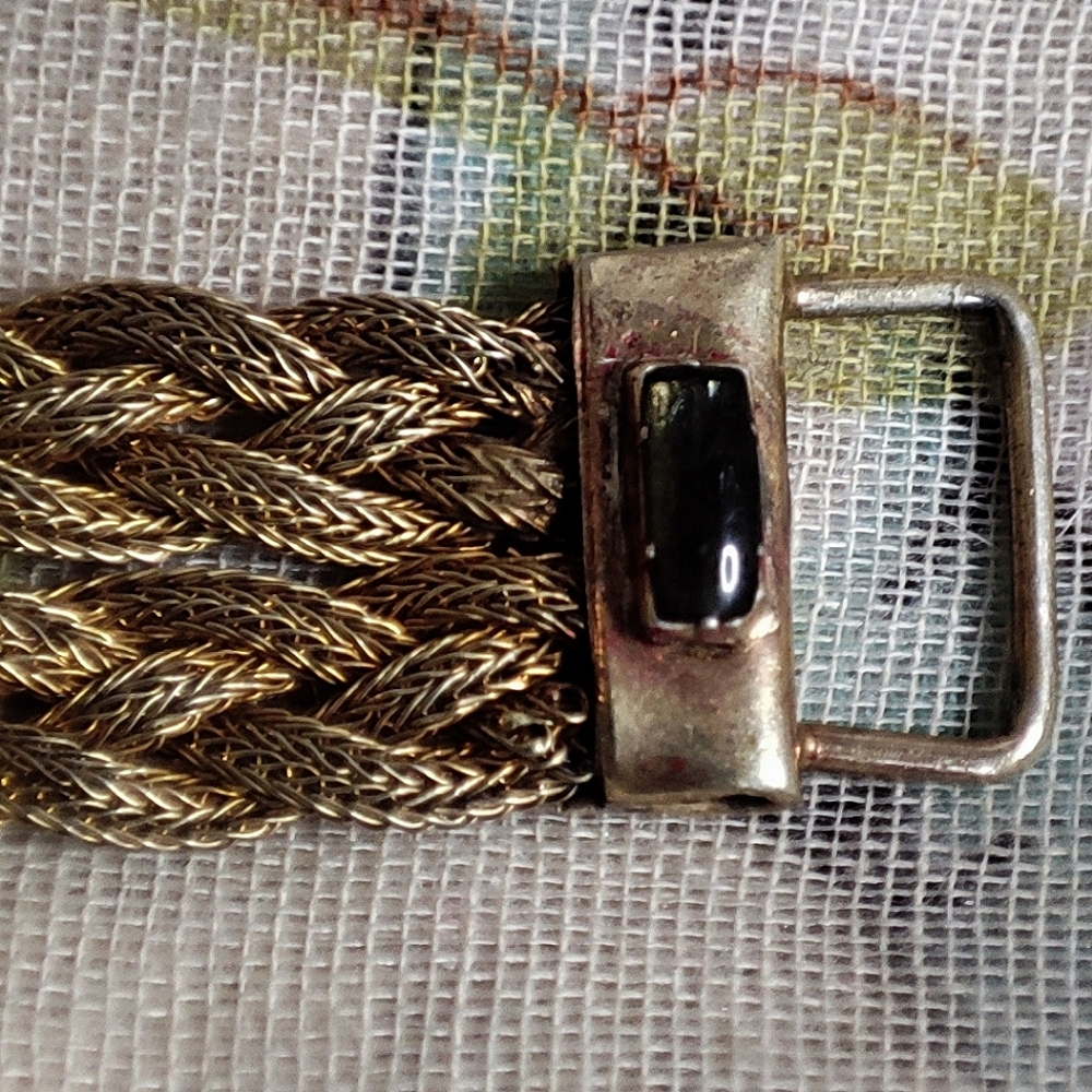 Dual Strand Braided Sterling Vintage Gold Wash Slide Bracelet Red & Gray Stones - Picture 14 of 15
